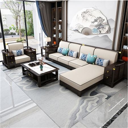 新中式客厅沙发 茶几电视柜组合轻奢大中小户型别墅沙发 可储物冬夏两用木质家具定制