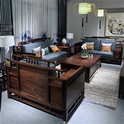 黑胡桃木沙发组合新中式实木现代禅意别墅客厅乌金木真皮沙发家具