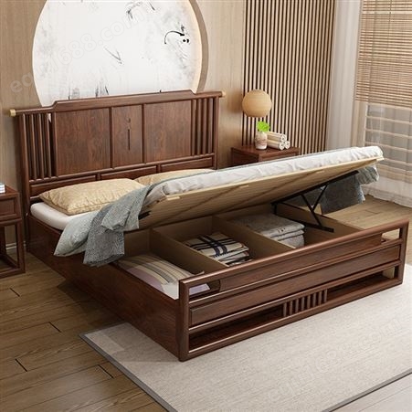 直供双人床厂家 实木床定制 新中式床批发价 新中式实木床直供
