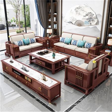 新中式客厅沙发 茶几电视柜组合轻奢大中小户型别墅沙发 可储物冬夏两用木质家具定制