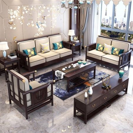 佛山白蜡木沙发 胡桃木现代沙发组合  新中式沙发组合工厂