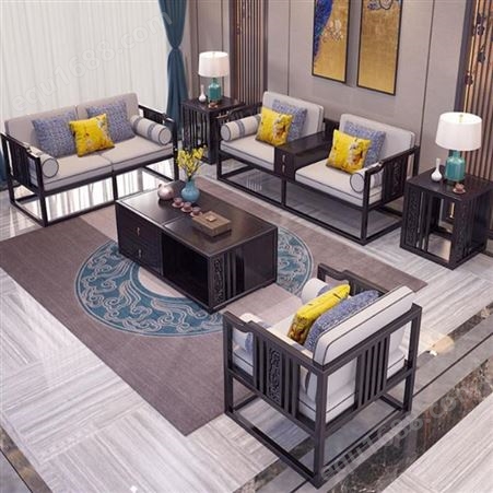 佛山酒店新中式沙发组合 实木沙发 新中式实木沙发组合 酒店沙发组合